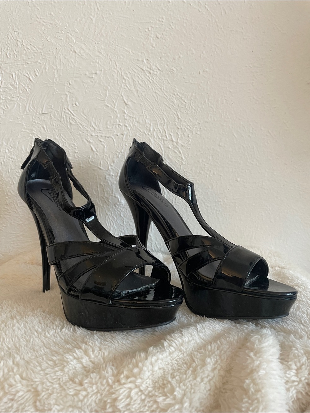 Candies Black Patent T-Strap Platform Heels - Women